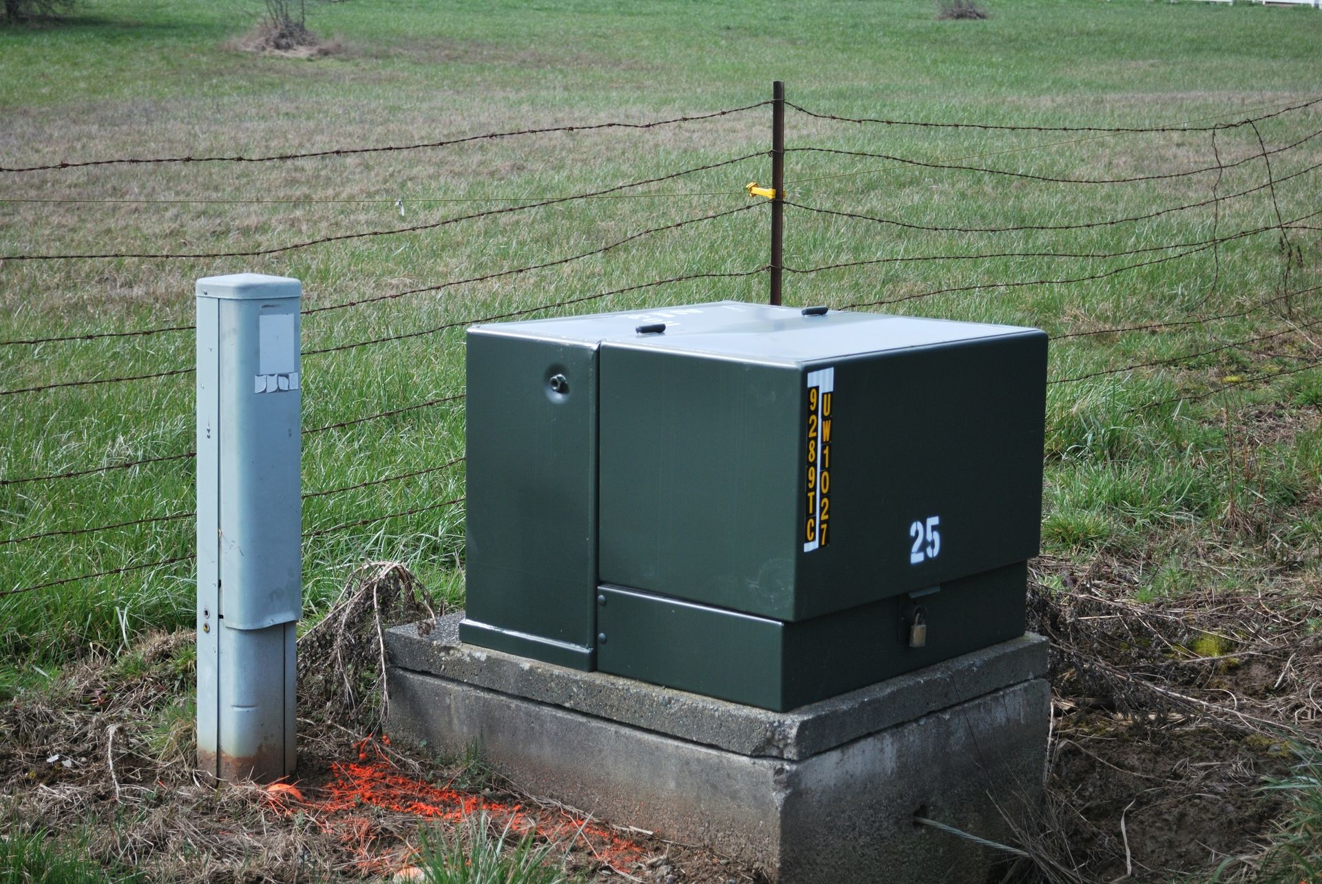 a large green box sitting in the middle of a field